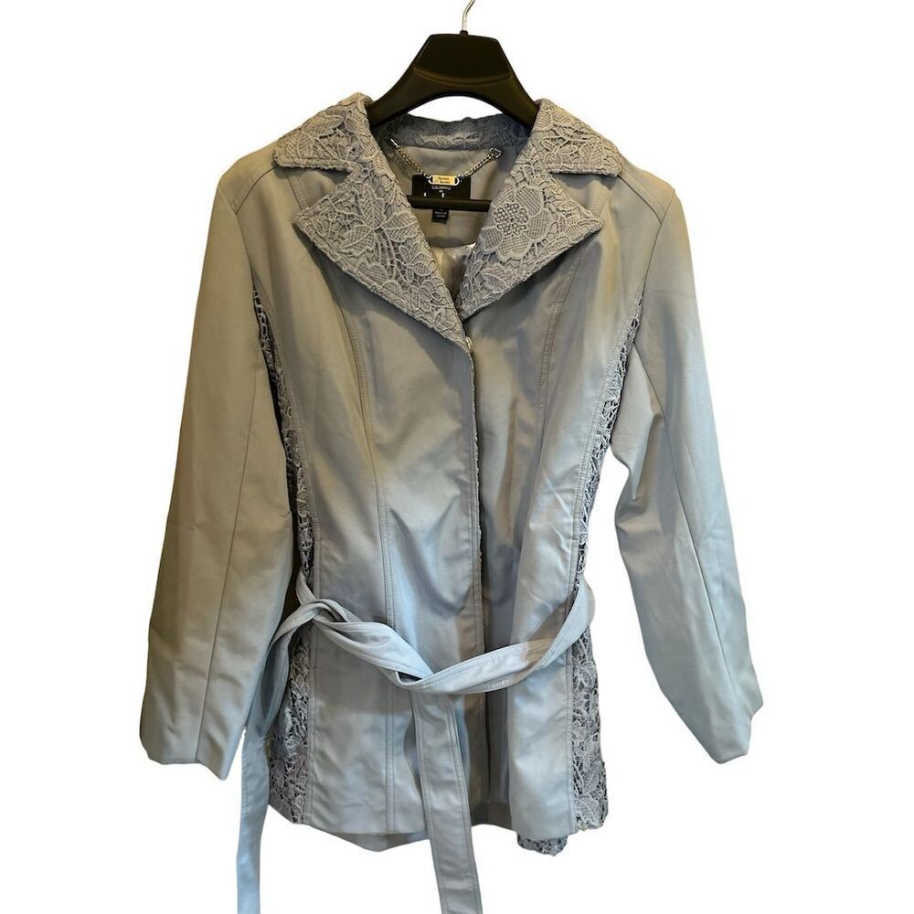 Dennis‎ Basso Women's Gray Lace Trim Belted Water-Resistant Jacket Size M